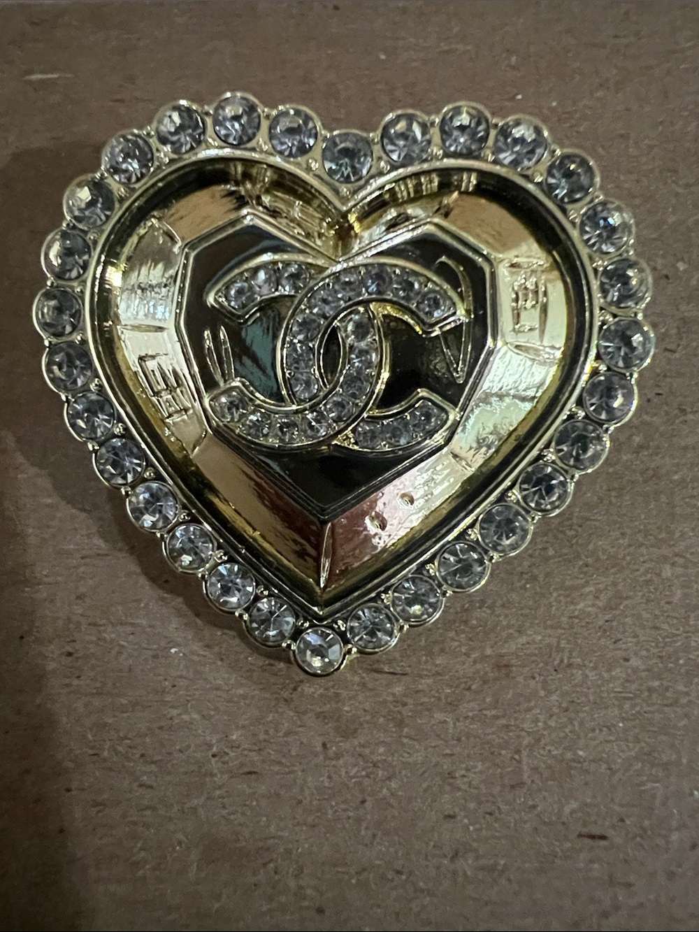 Gold Heart Crystal Brooch with Interlocking CC Accent